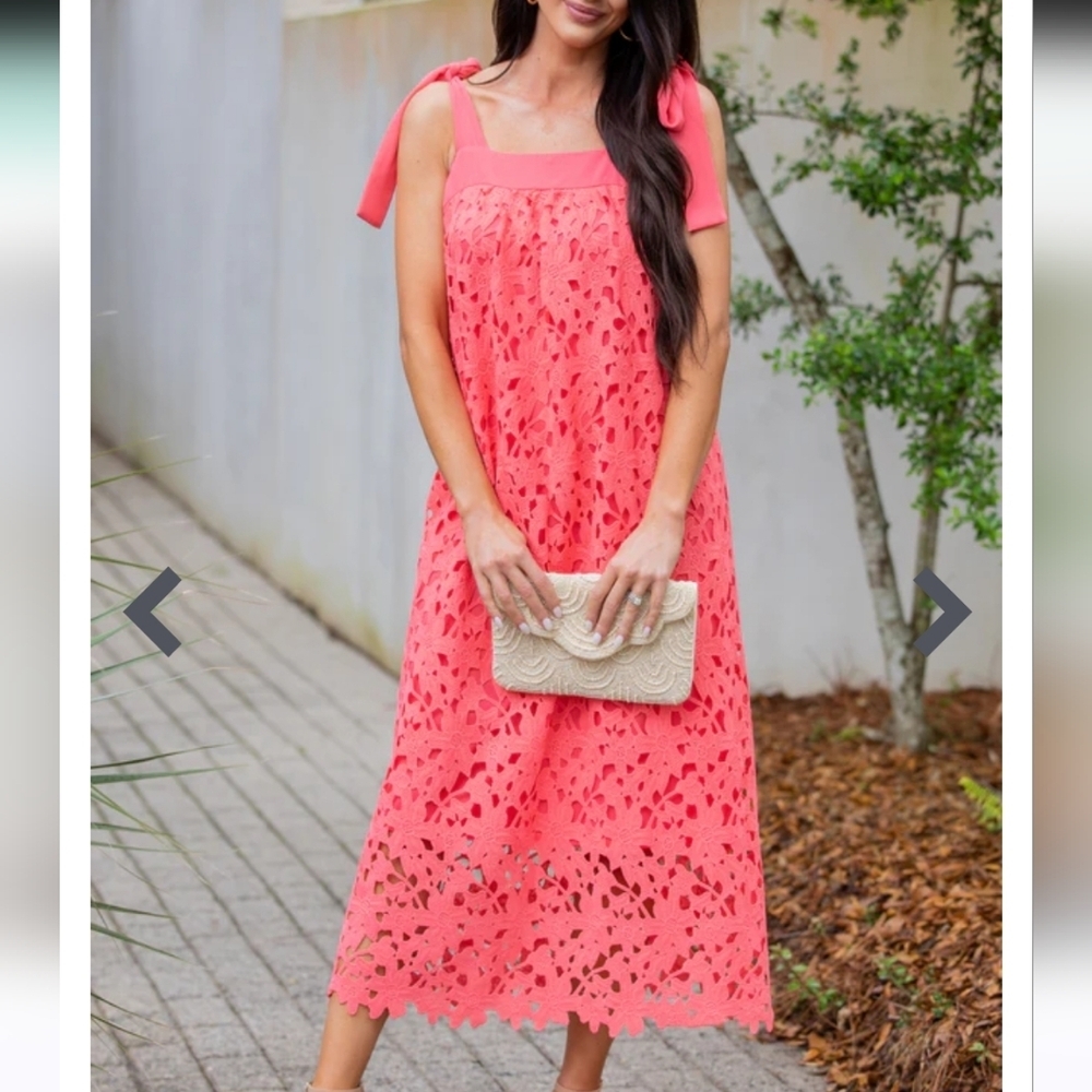 Renee C It's The‎ Dream Coral Pink Lace Midi Dress Size Large